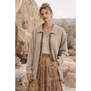 Vintage 90s Winona Womens Wool Cardigan Sweater Oatmeal Knit Metal Buttons Sz L